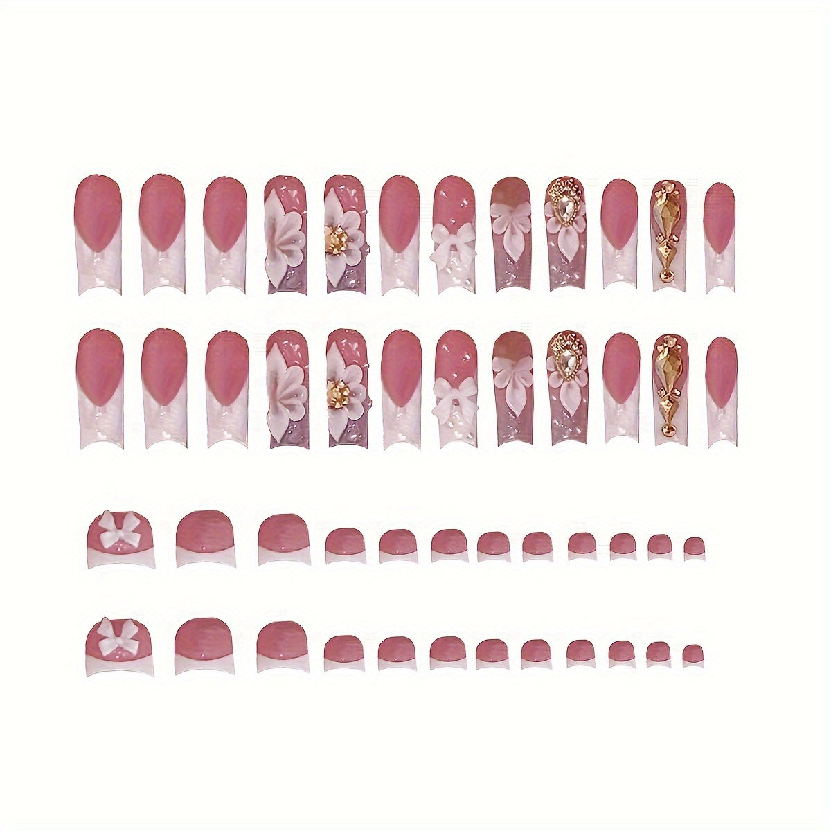 48pcs set of square-shaped press-on nails with French flower and diamond design, comes with jelly glue and rolling rod, suitable for all women, to make your fingertips more charming with daily wear